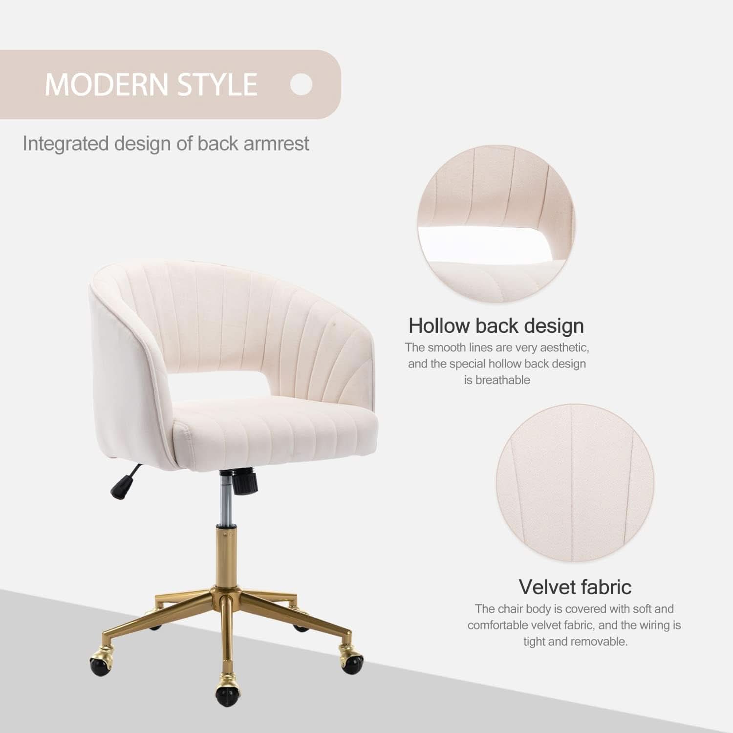 Beige Velvet Office Desk Chair With Adjustable Height