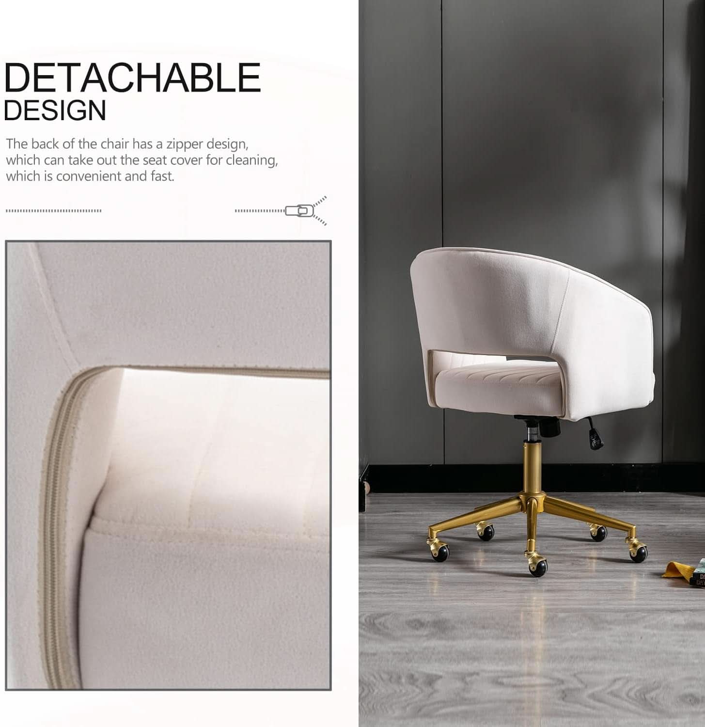 Beige Velvet Office Desk Chair With Adjustable Height