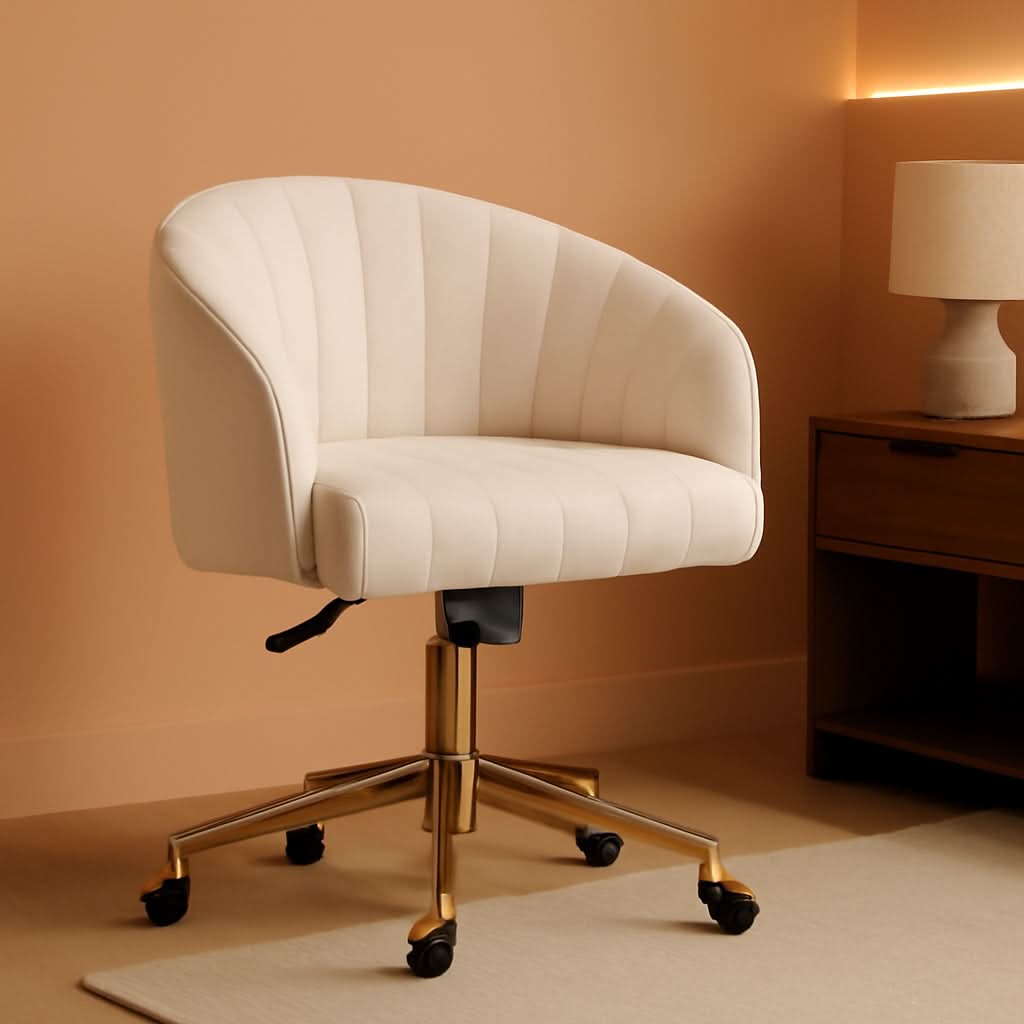 Beige Velvet Office Desk Chair With Adjustable Height