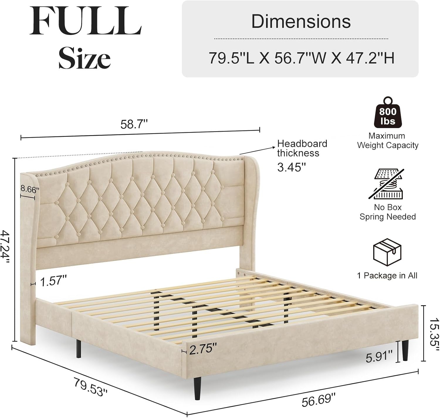Beige Velvet Platform Bed With Tall Upholstered Headboard