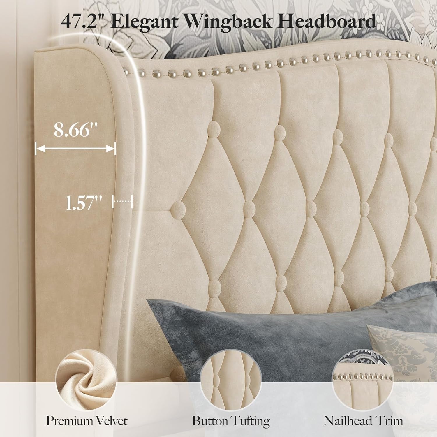 Beige Velvet Platform Bed With Tall Upholstered Headboard