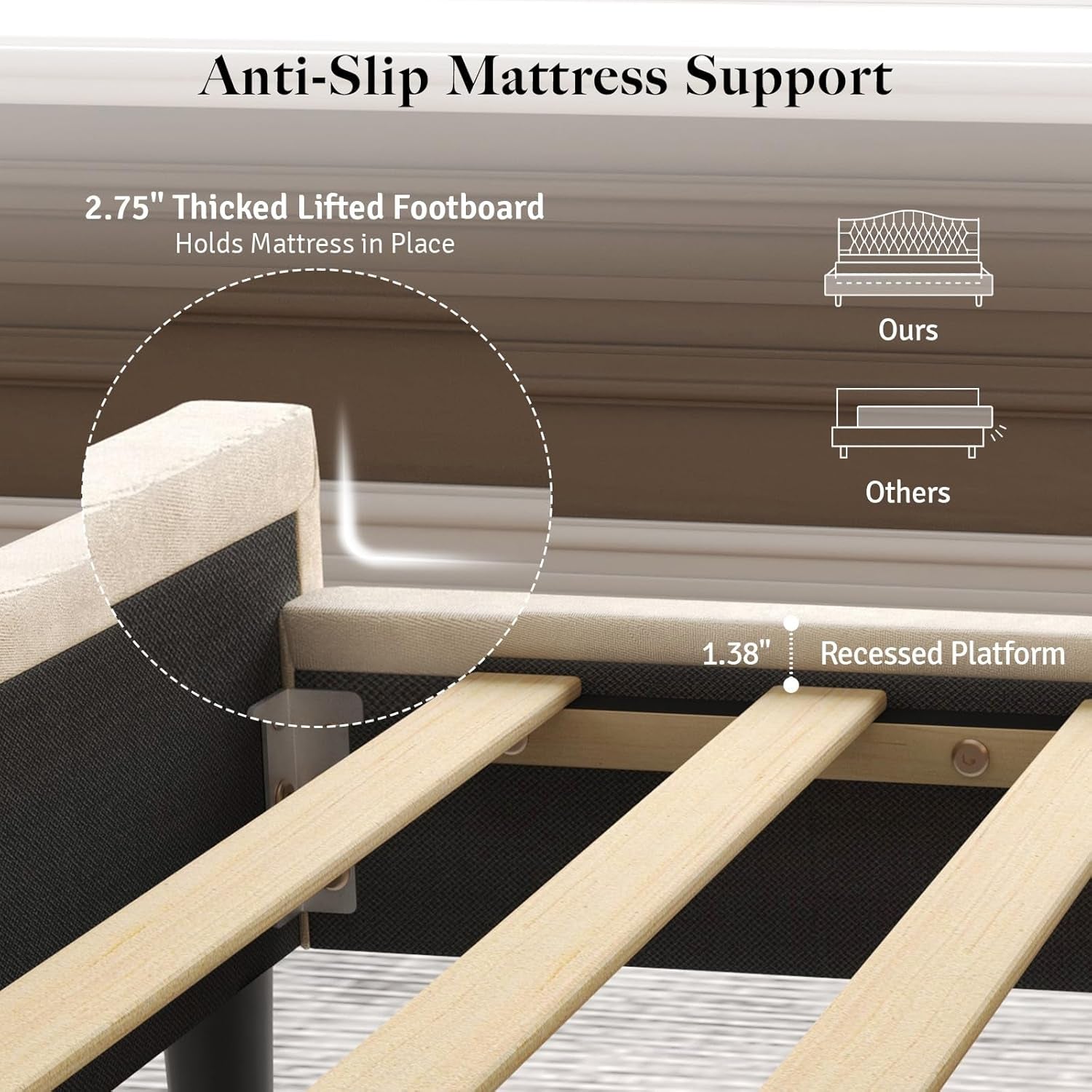 Beige Velvet Platform Bed With Tall Upholstered Headboard