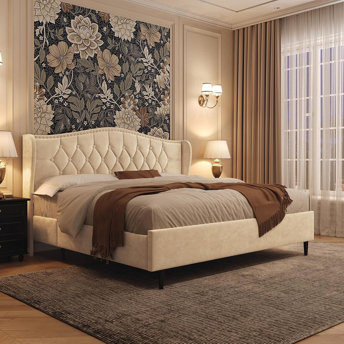 Beige Velvet Platform Bed With Tall Upholstered Headboard