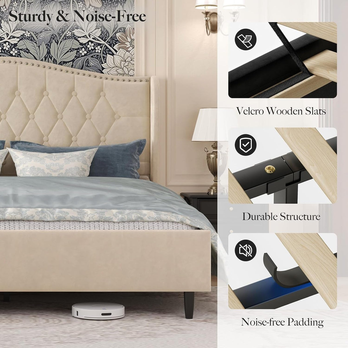 Beige Velvet Platform Bed With Tall Upholstered Headboard