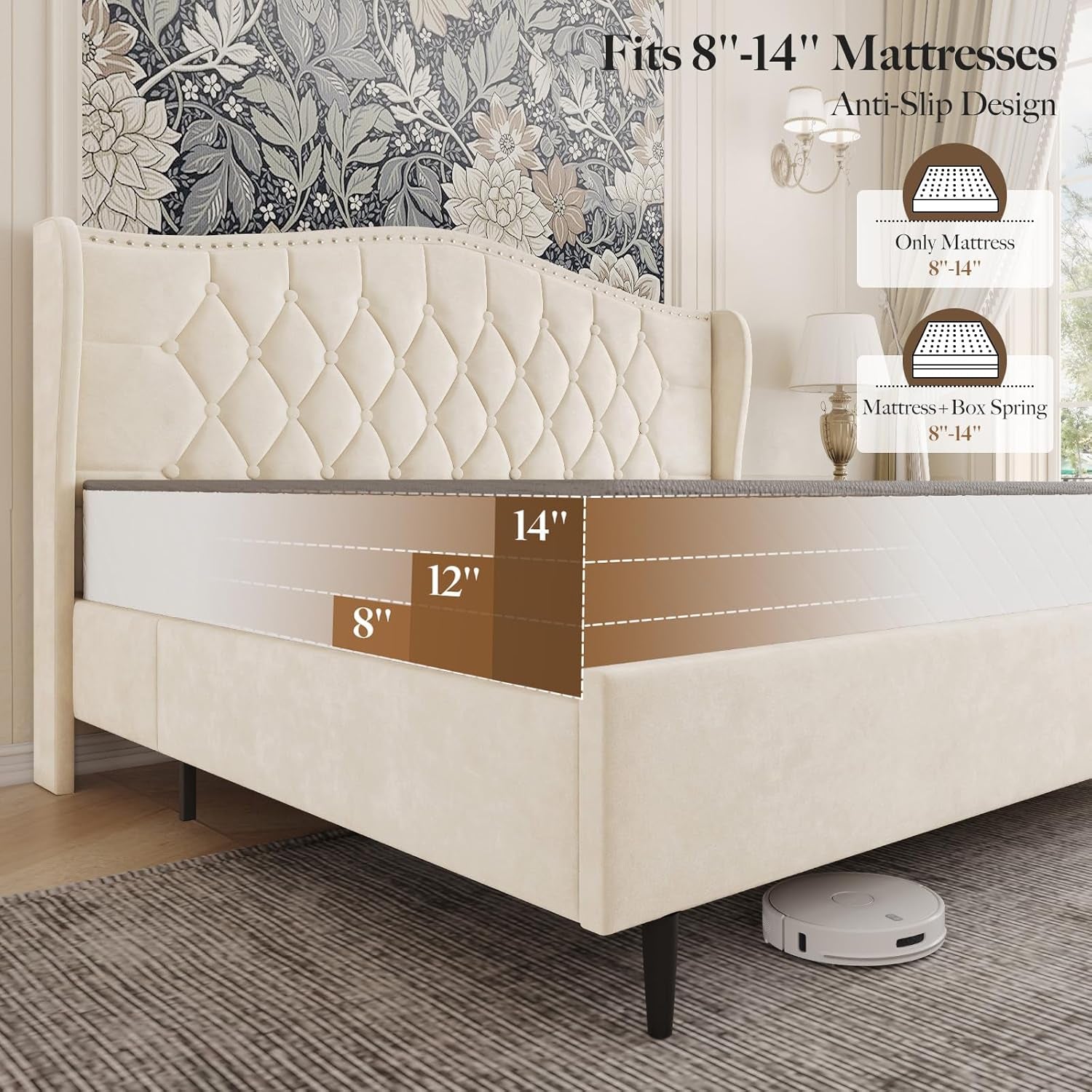 Beige Velvet Platform Bed With Tall Upholstered Headboard