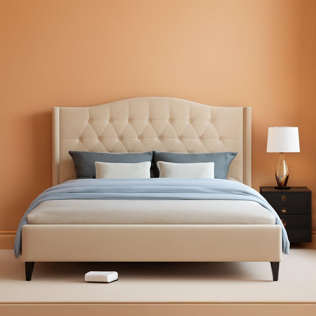 Beige Velvet Platform Bed With Tall Upholstered Headboard