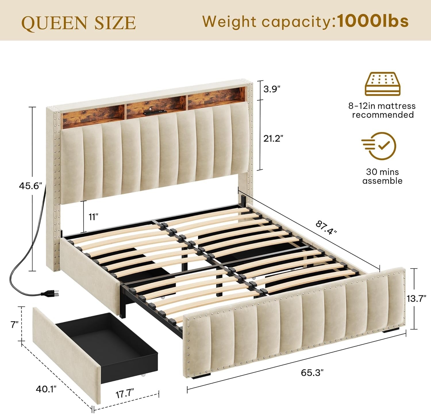 Beige Velvet Queen Bed Frame With Storage Drawers And USB Charging Station