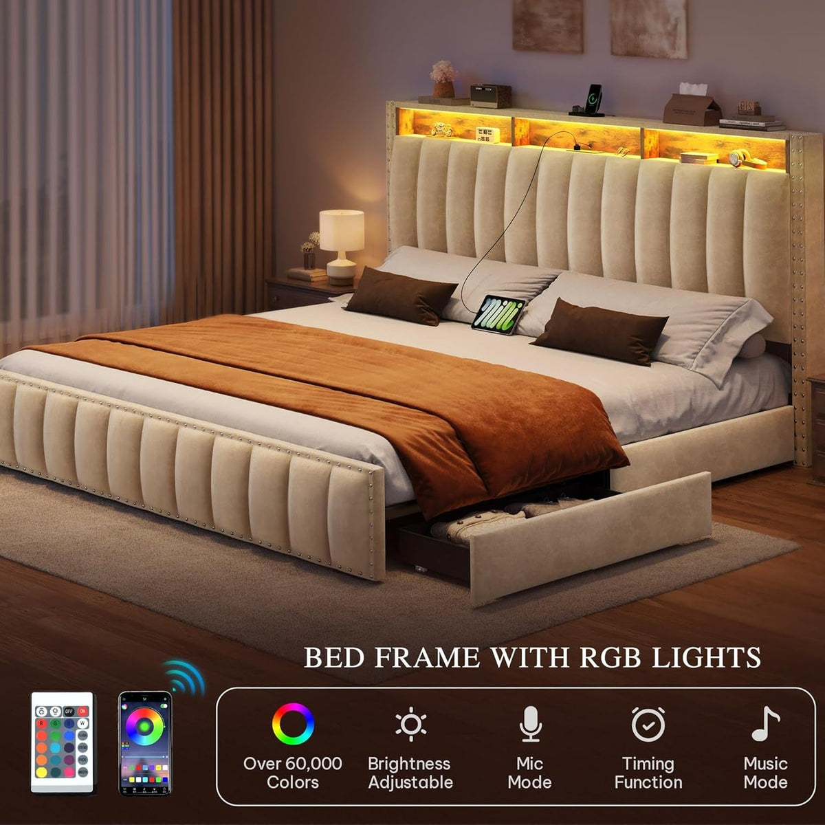 Beige Velvet Queen Bed Frame With Storage Drawers And USB Charging Station