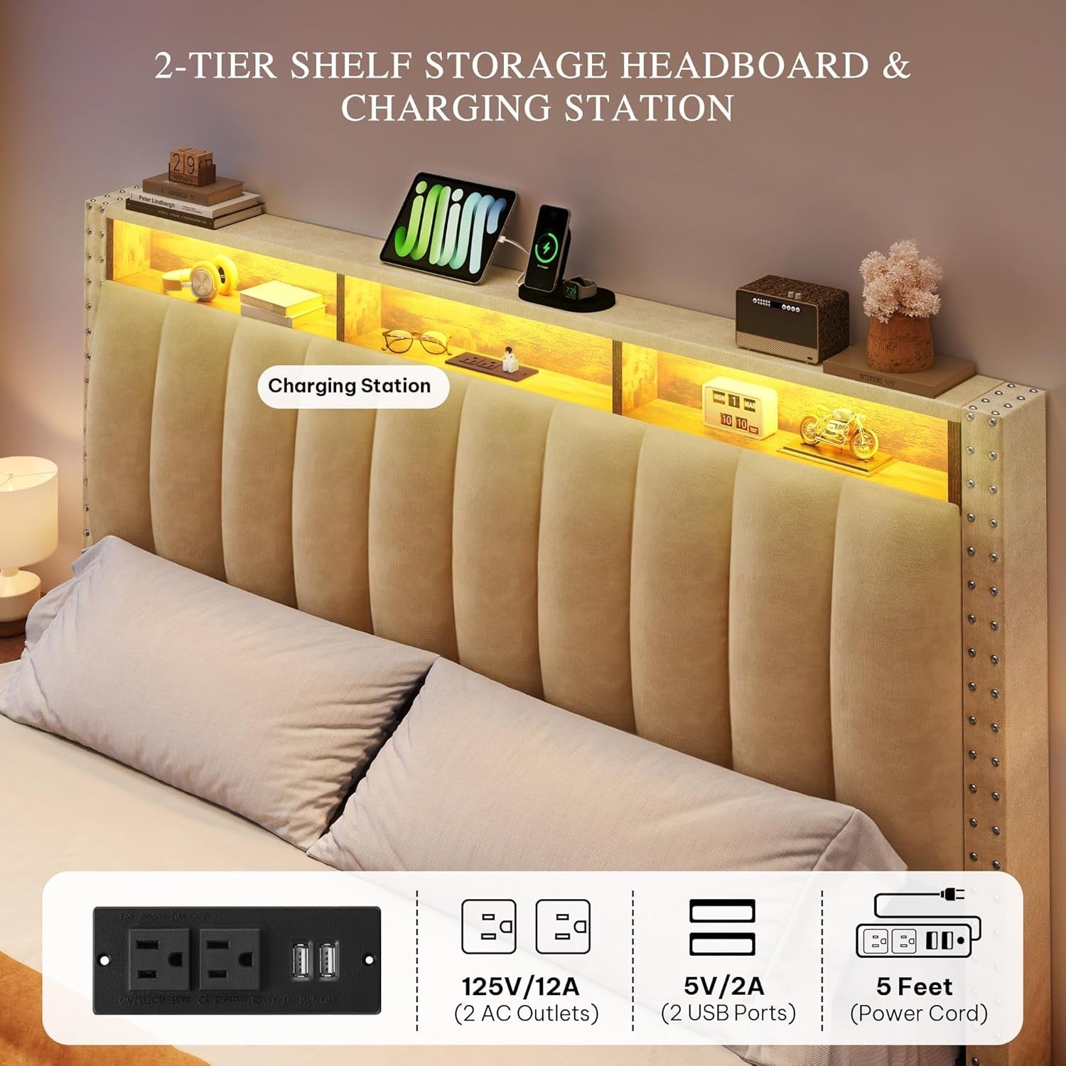 Beige Velvet Queen Bed Frame With Storage Drawers And USB Charging Station