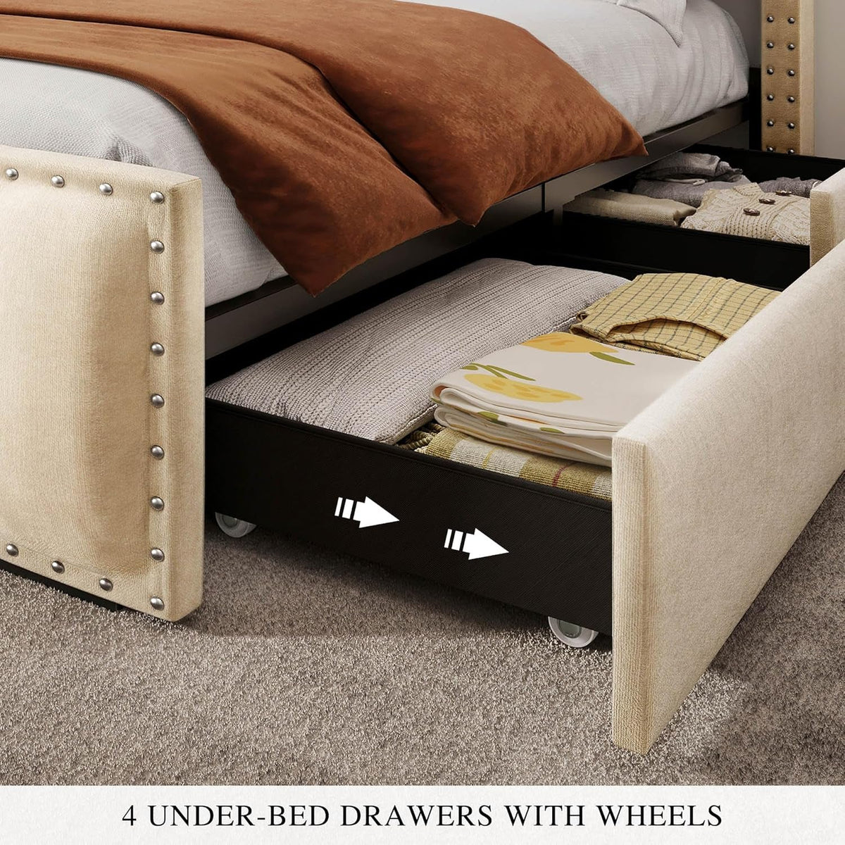 Beige Velvet Queen Bed Frame With Storage Drawers And USB Charging Station
