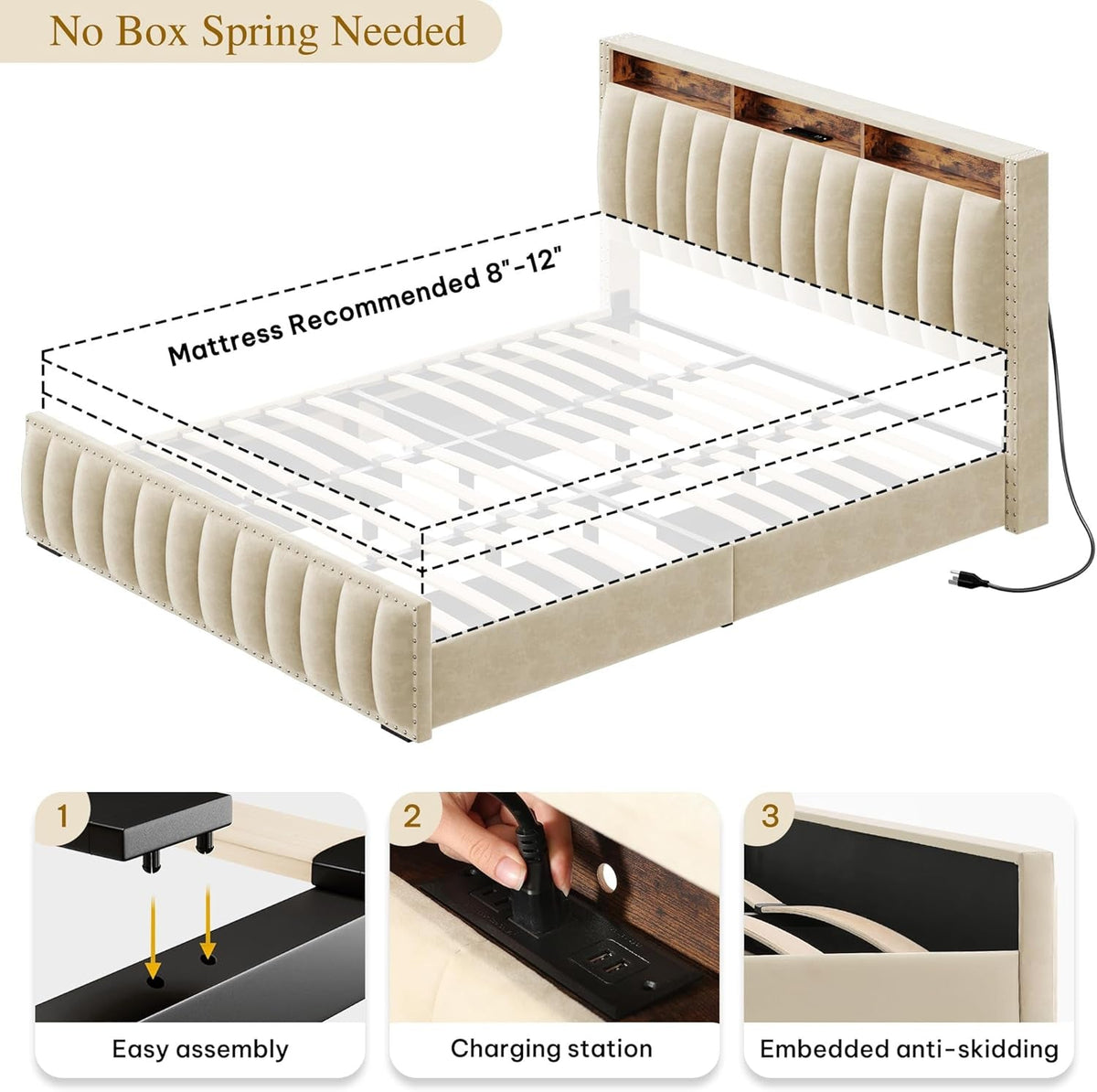 Beige Velvet Queen Bed Frame With Storage Drawers And USB Charging Station