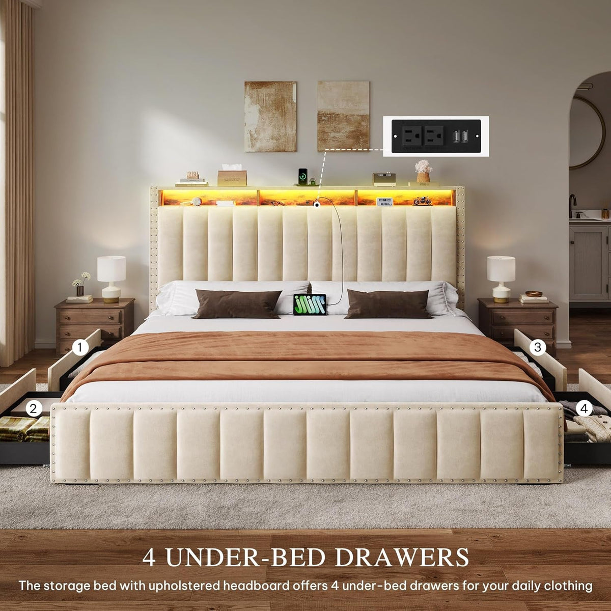 Beige Velvet Queen Bed Frame With Storage Drawers And USB Charging Station