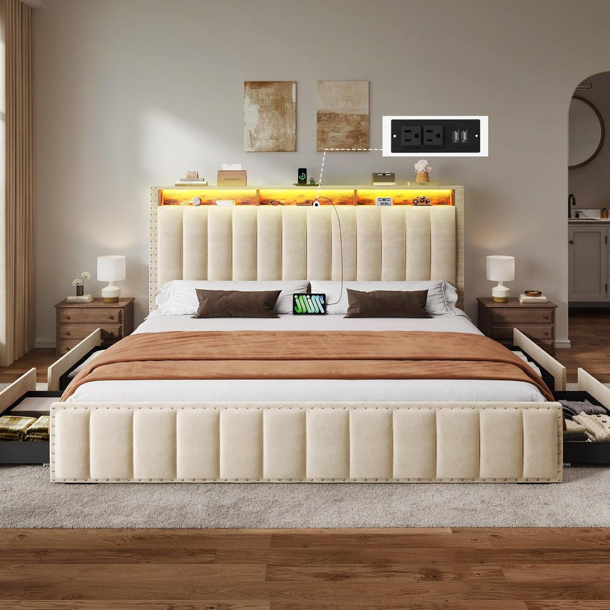 Beige Velvet Queen Bed Frame With Storage Drawers And USB Charging Station