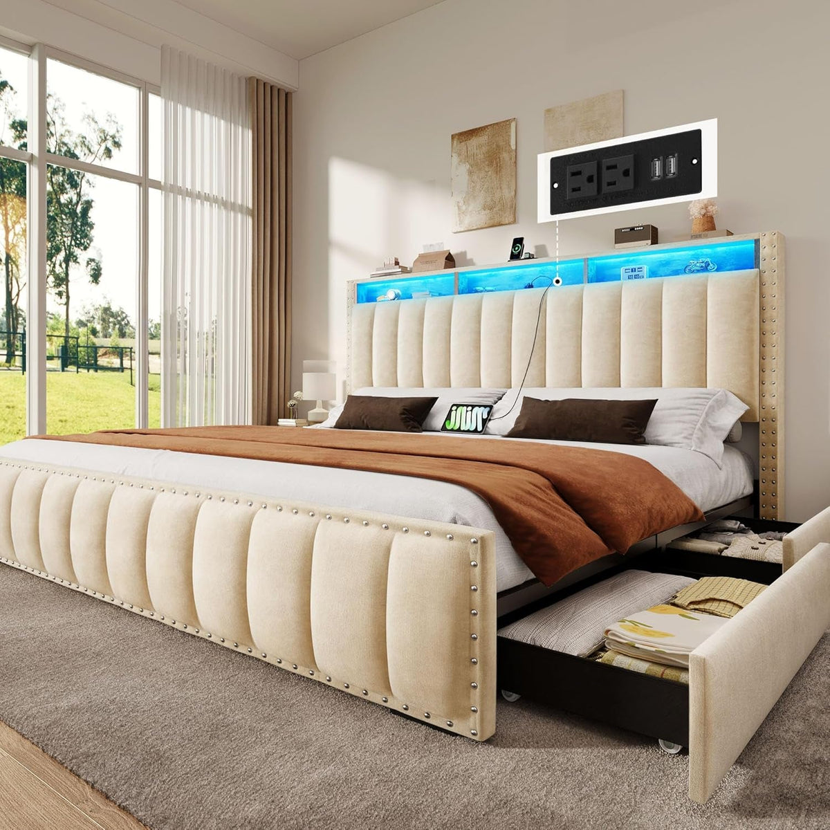 Beige Velvet Queen Bed Frame With Storage Drawers And USB Charging Station