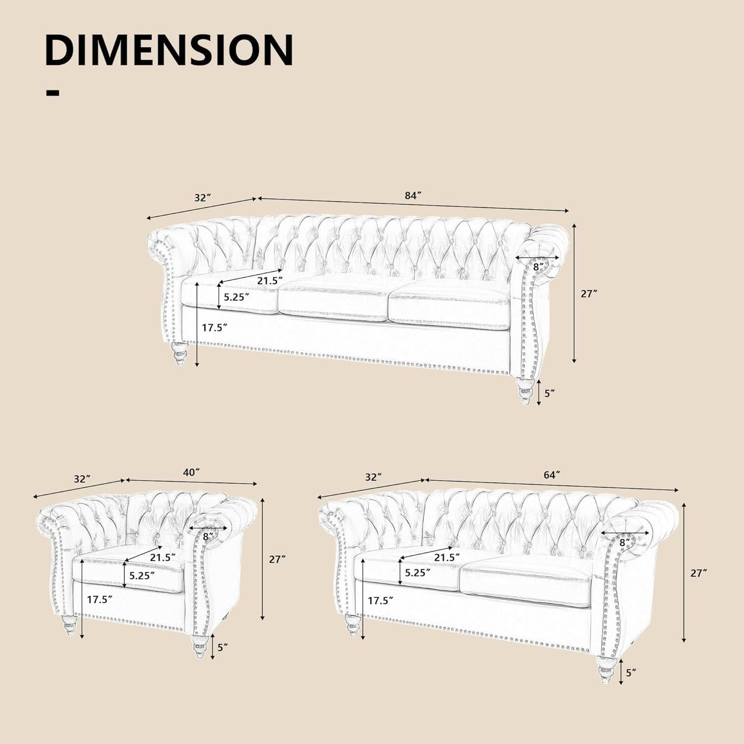 Beige Velvet Sectional Sofa Set With Button Tufting