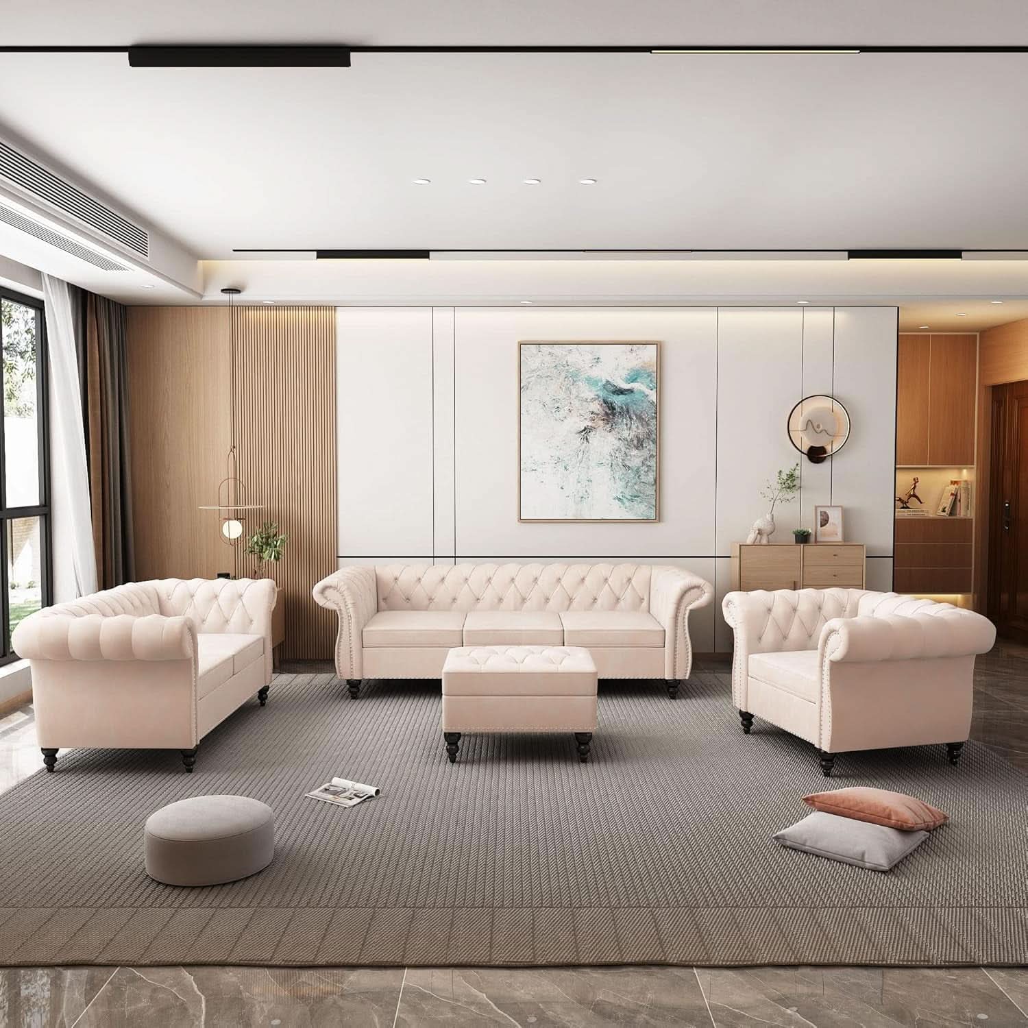 Beige Velvet Sectional Sofa Set With Button Tufting