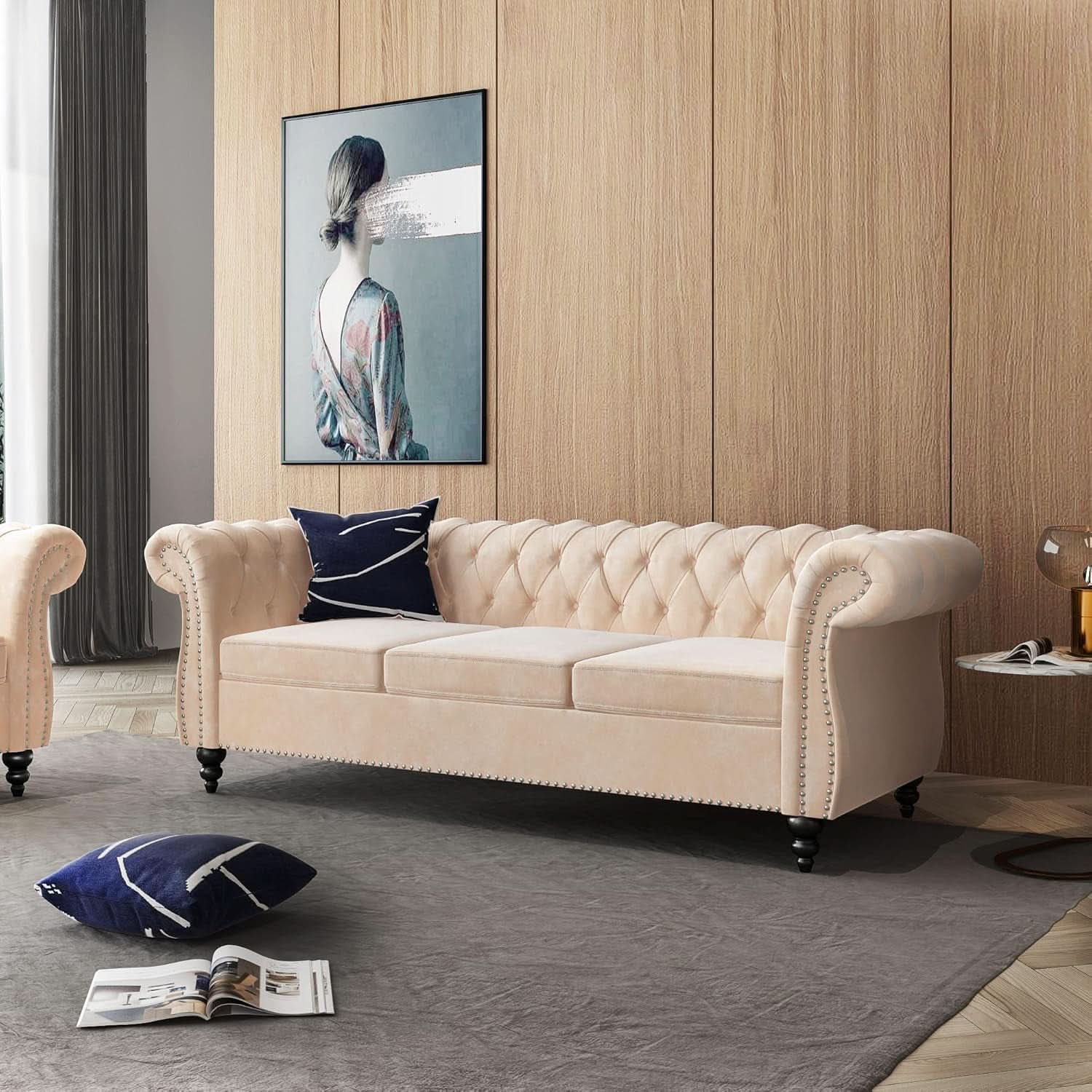 Beige Velvet Sectional Sofa Set With Button Tufting