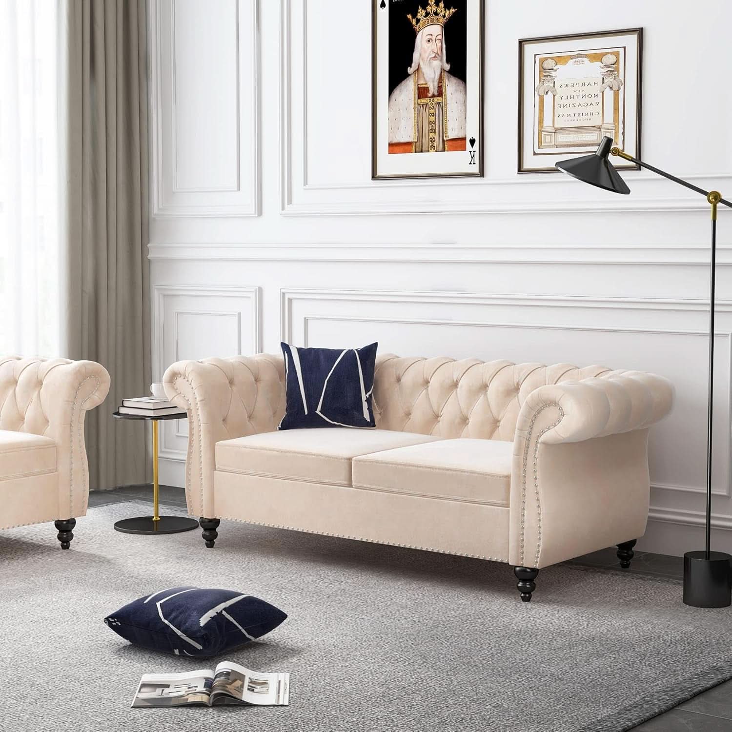 Beige Velvet Sectional Sofa Set With Button Tufting