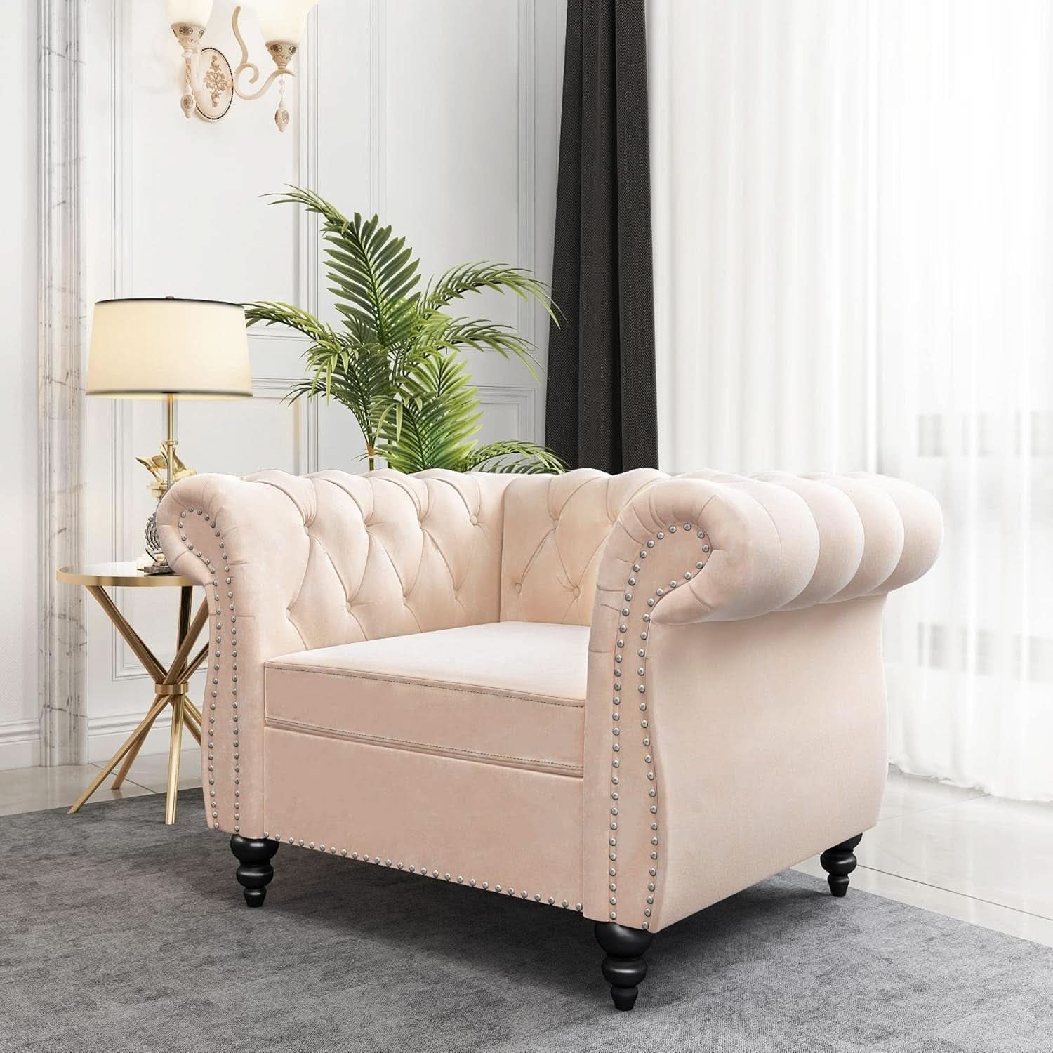 Beige Velvet Sectional Sofa Set With Button Tufting