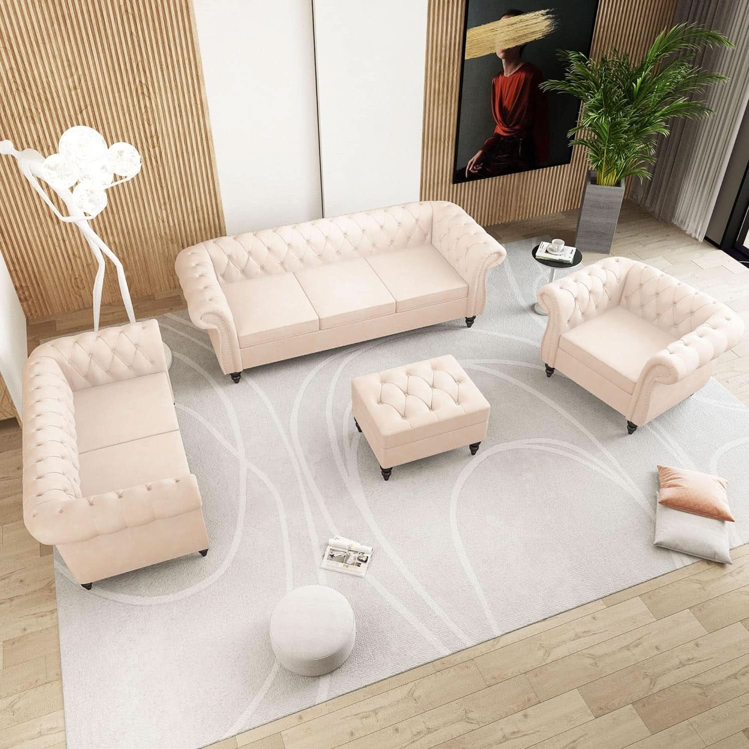Beige Velvet Sectional Sofa Set With Button Tufting