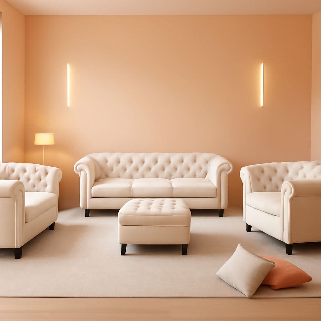 Beige Velvet Sectional Sofa Set With Button Tufting