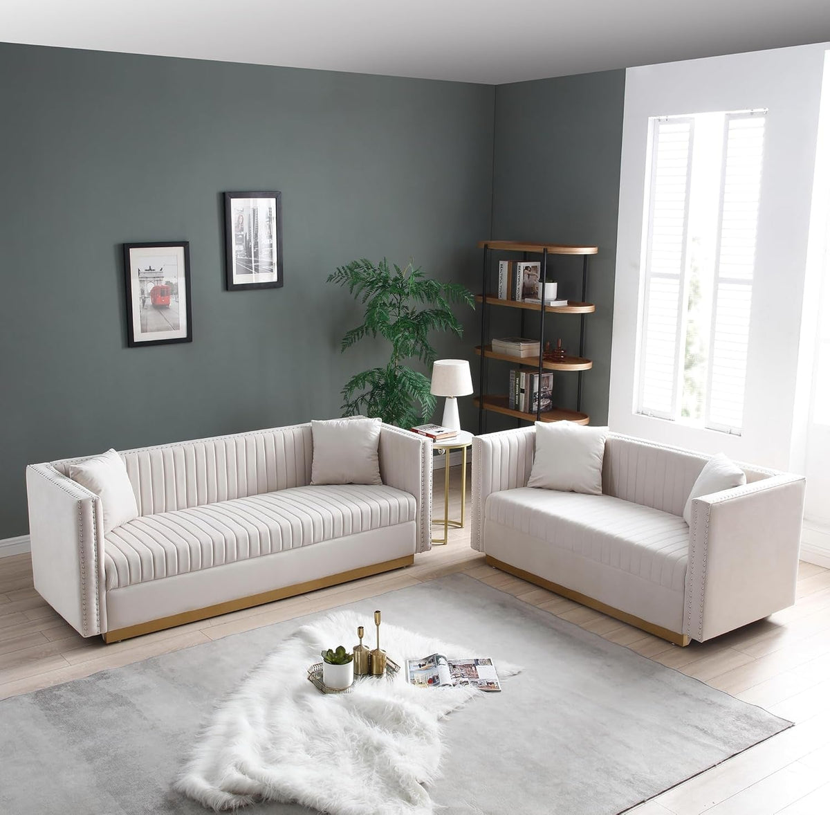 Beige Velvet Sofa Set For Living Room Premium Upholstery