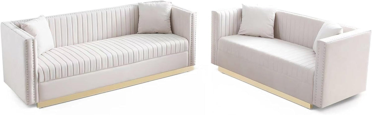 Beige Velvet Sofa Set For Living Room Premium Upholstery