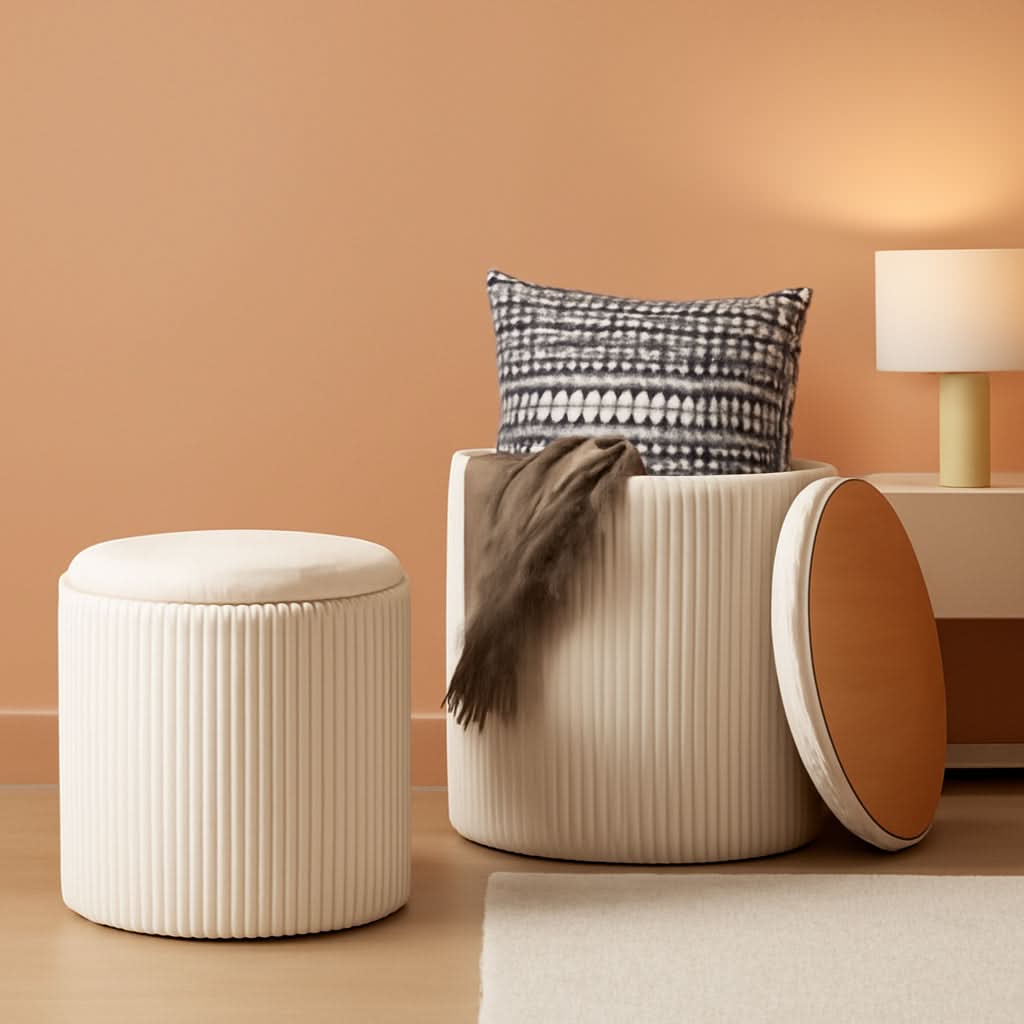 Beige Velvet Storage Ottoman With Hidden Compartment