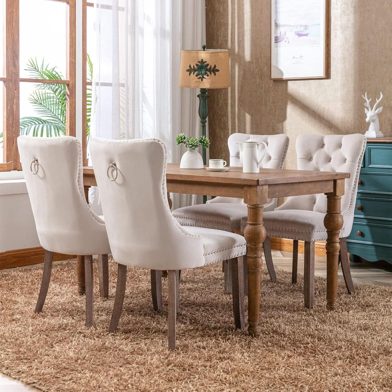 Beige Velvet Tufted Dining Chairs 4 Pack With Nailhead Trim
