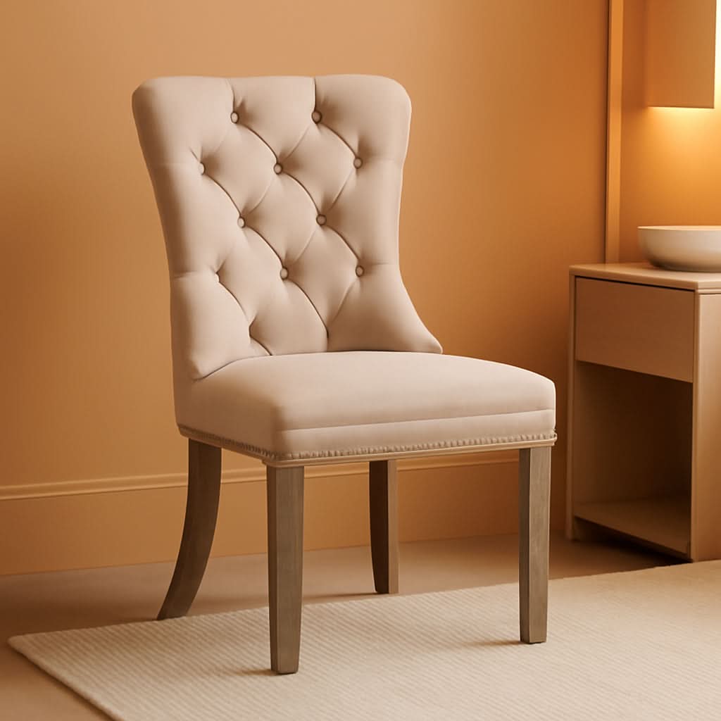 Beige Velvet Tufted Dining Chairs With Nailhead Trim Set Of 6