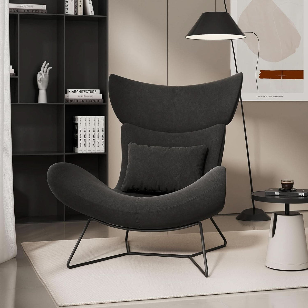 Beige Velvet Wingback Accent Chair Mid Century Modern