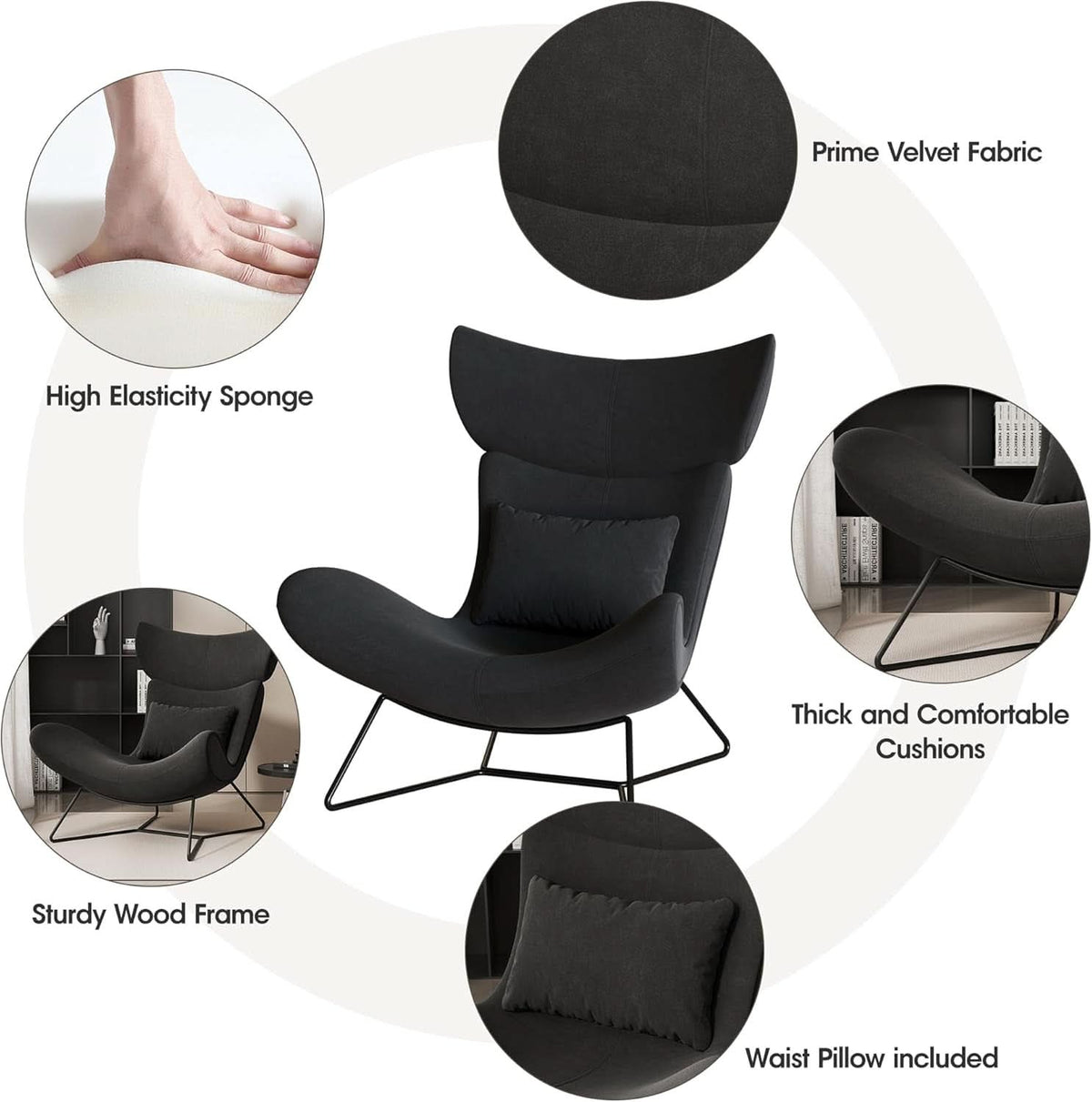 Beige Velvet Wingback Accent Chair Mid Century Modern