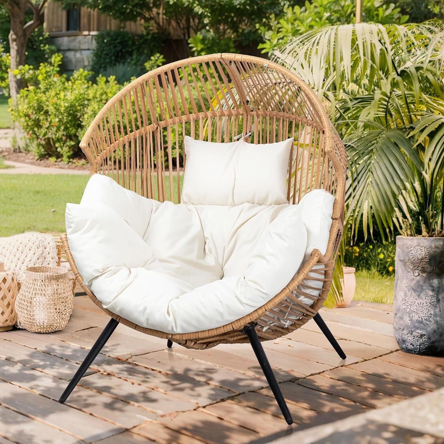 Beige Wicker Egg Chair With Cushion Outdoor Lounge