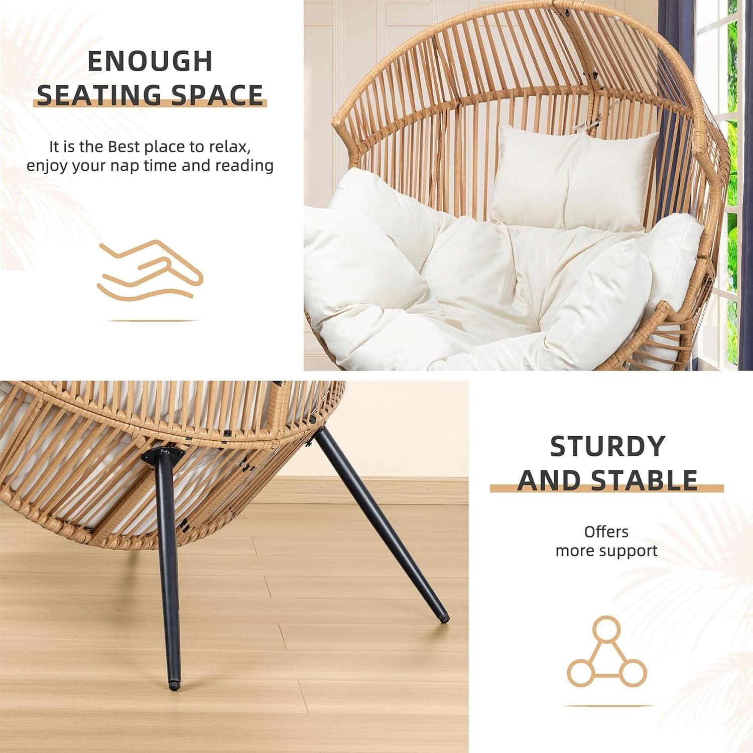 Beige Wicker Egg Chair With Cushion Outdoor Lounge