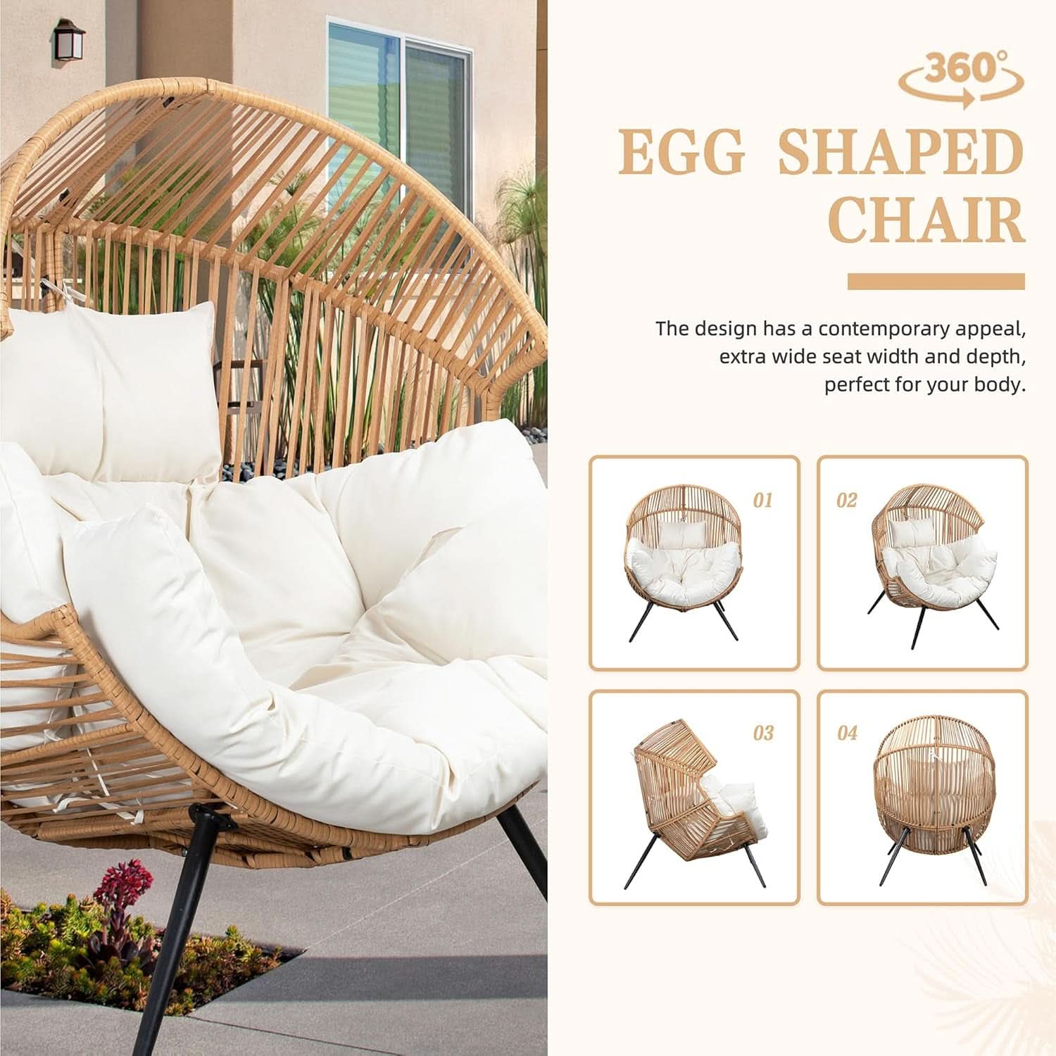 Beige Wicker Egg Chair With Cushion Outdoor Lounge
