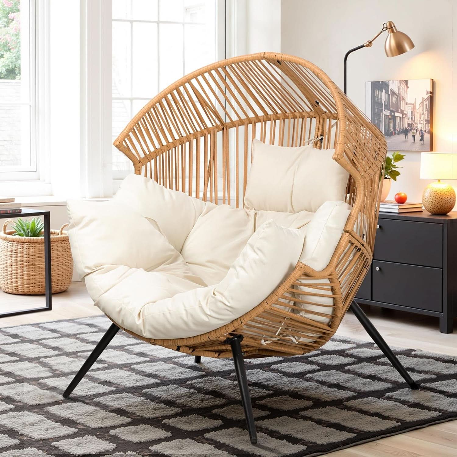 Beige Wicker Egg Chair With Cushion Outdoor Lounge