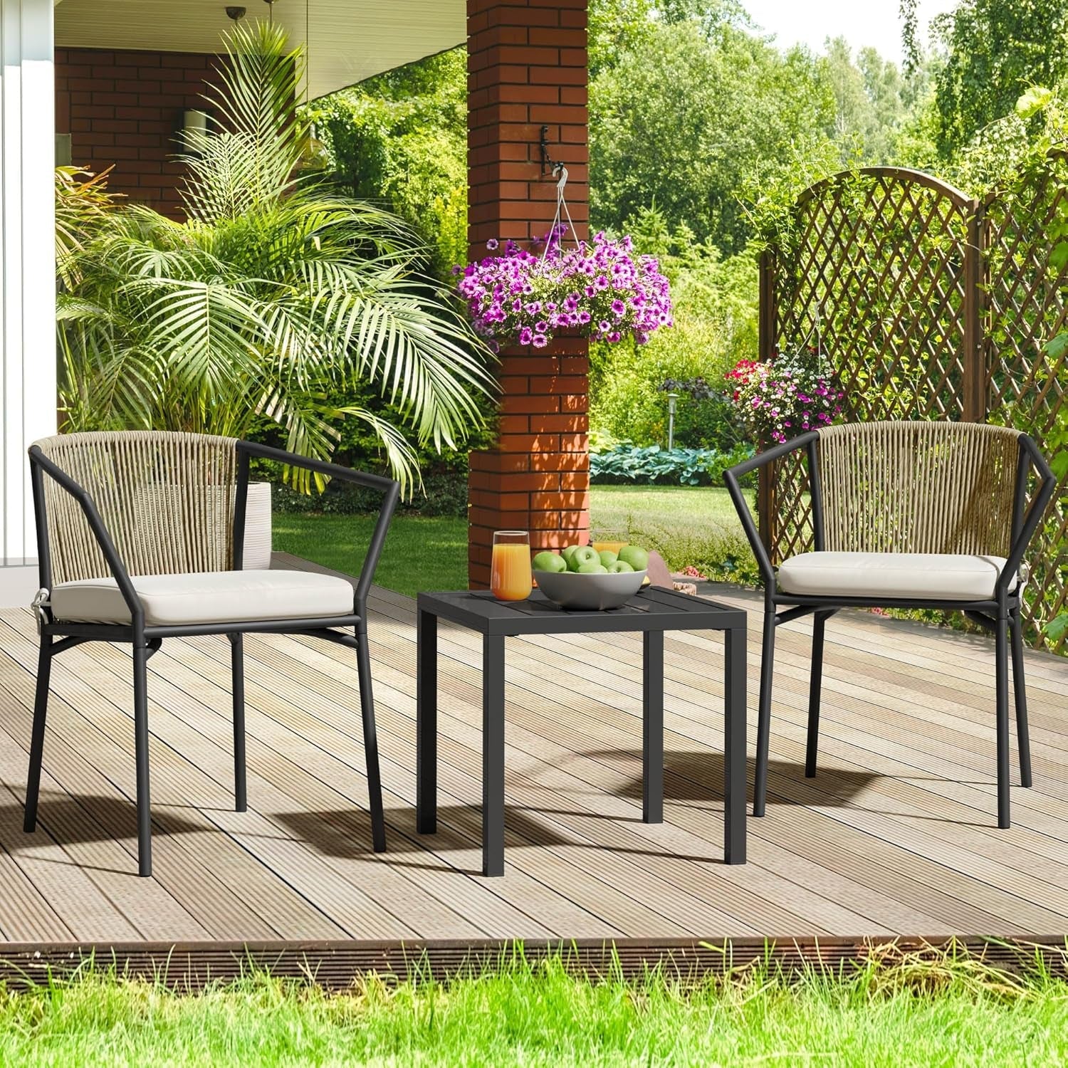 Beige Wicker Outdoor Bistro Set With Stackable Chairs