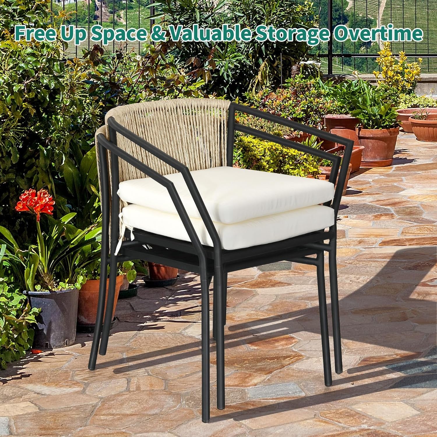 Beige Wicker Outdoor Bistro Set With Stackable Chairs