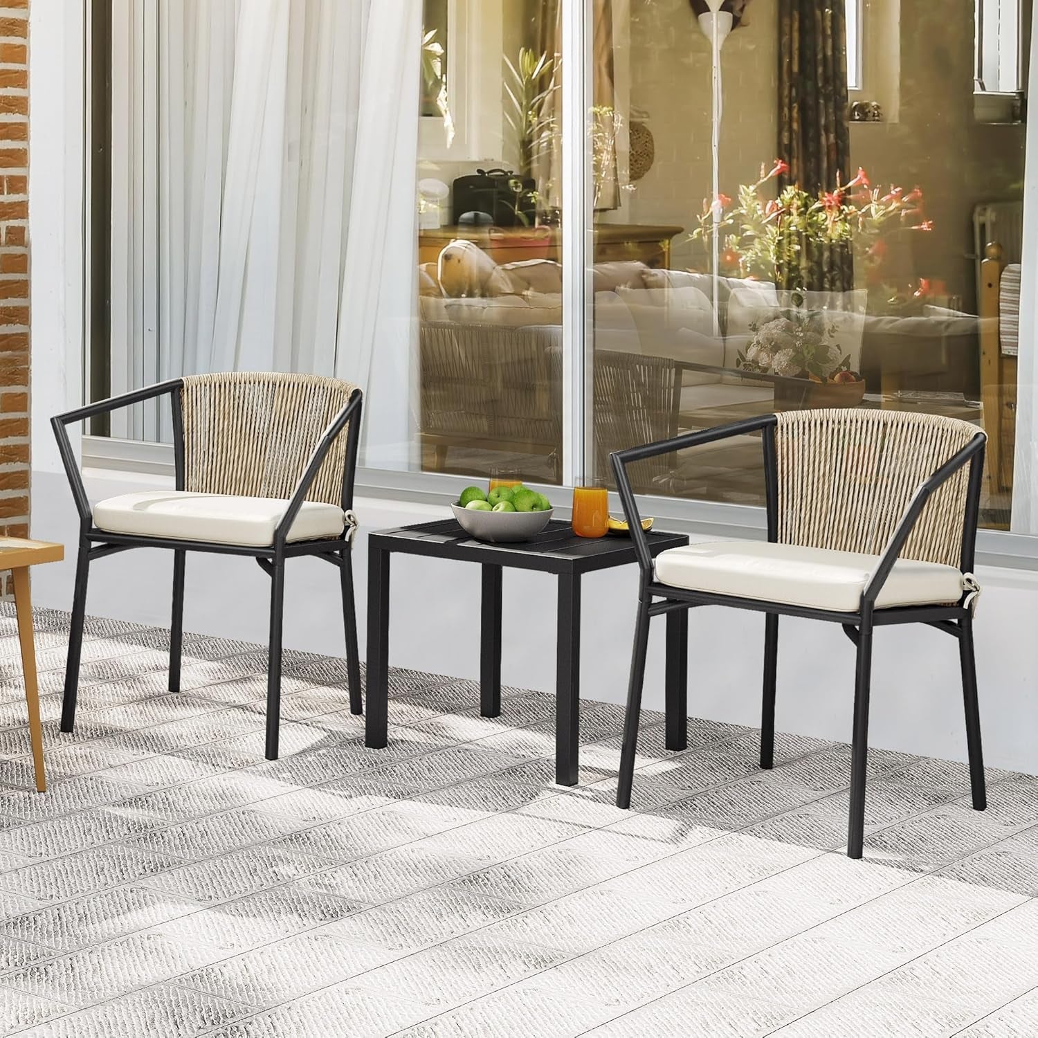 Beige Wicker Outdoor Bistro Set With Stackable Chairs