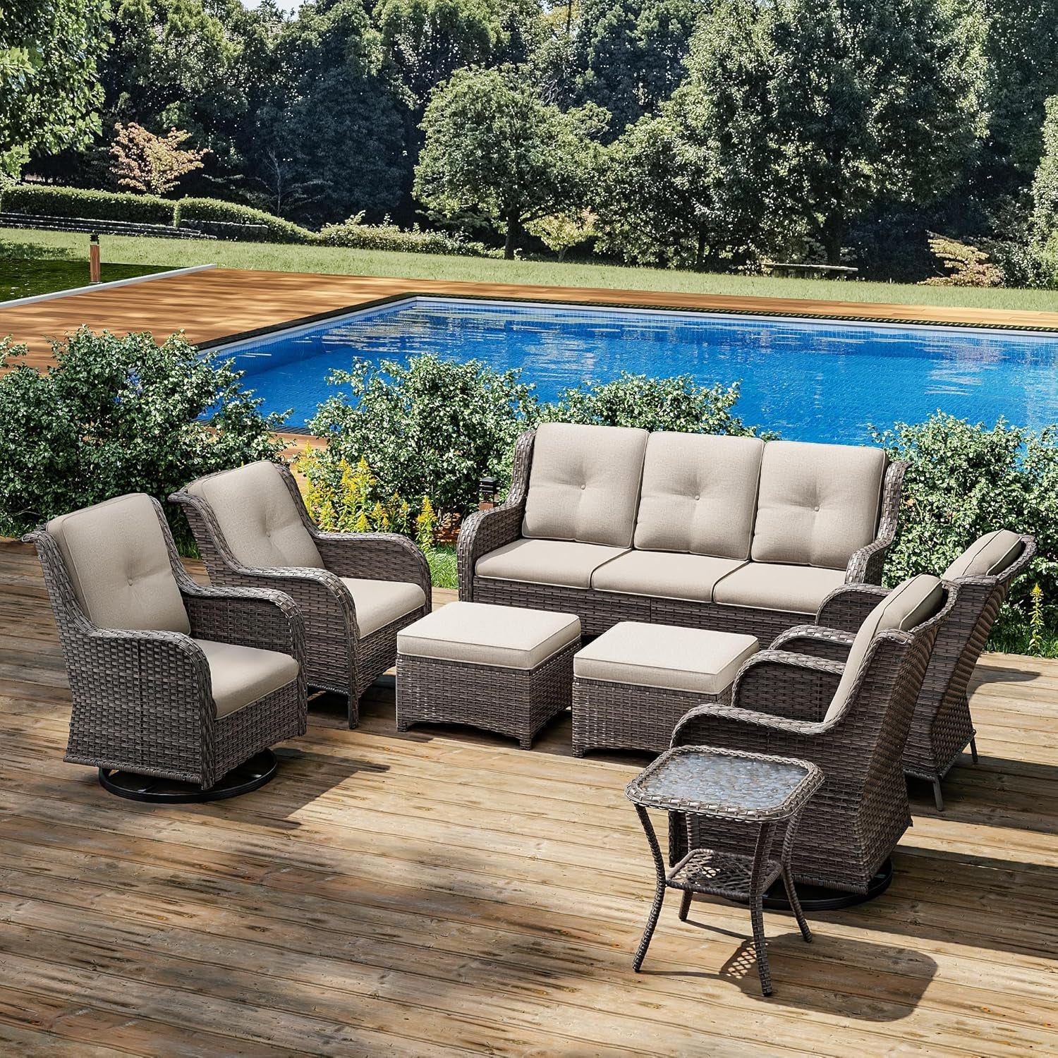 Beige Wicker Patio Furniture Set With Swivel Rockers