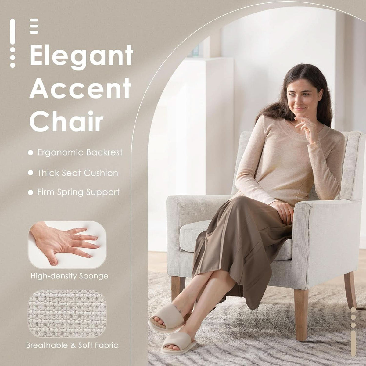 Beige Wingback Chairs With Wood Legs For Living Room