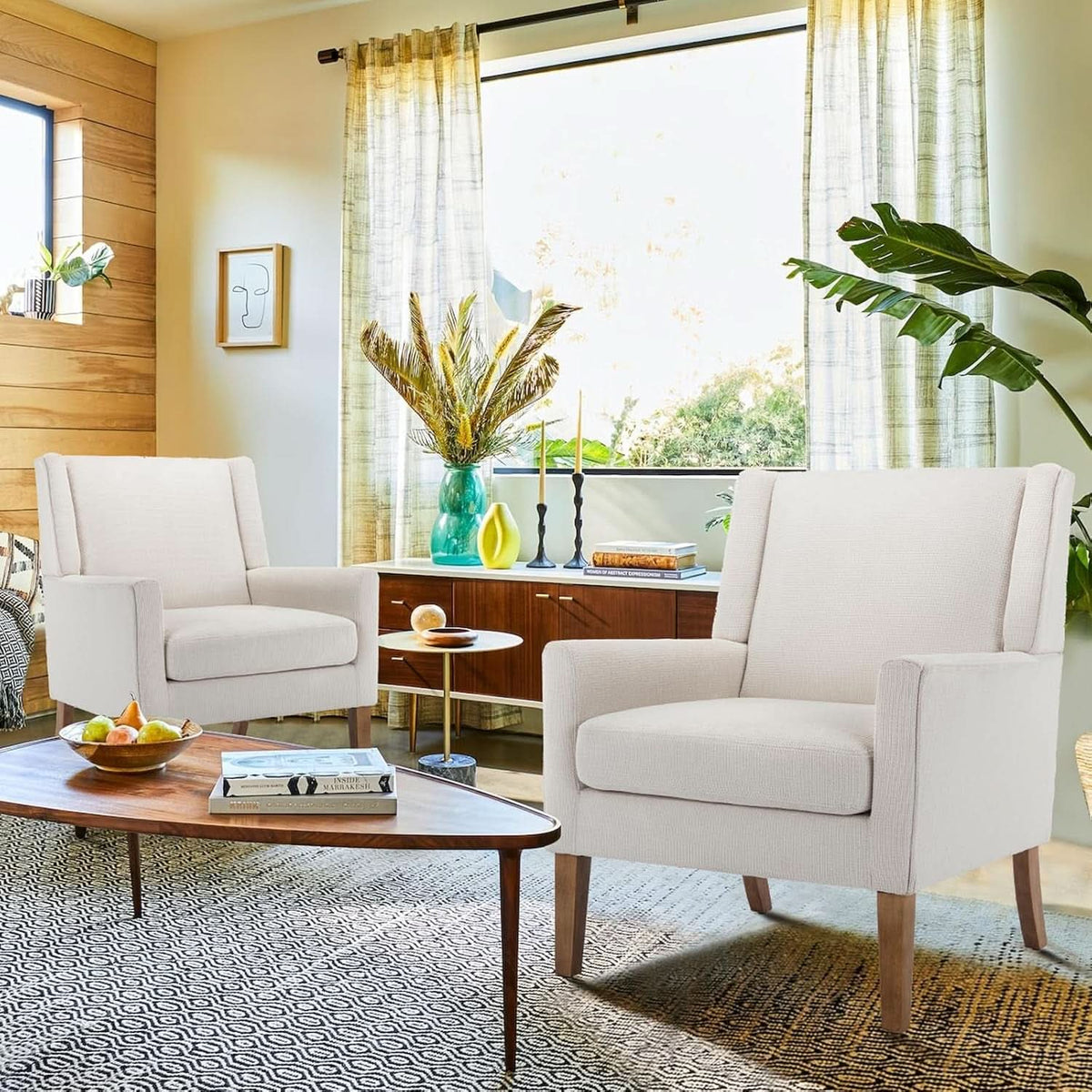 Beige Wingback Chairs With Wood Legs For Living Room