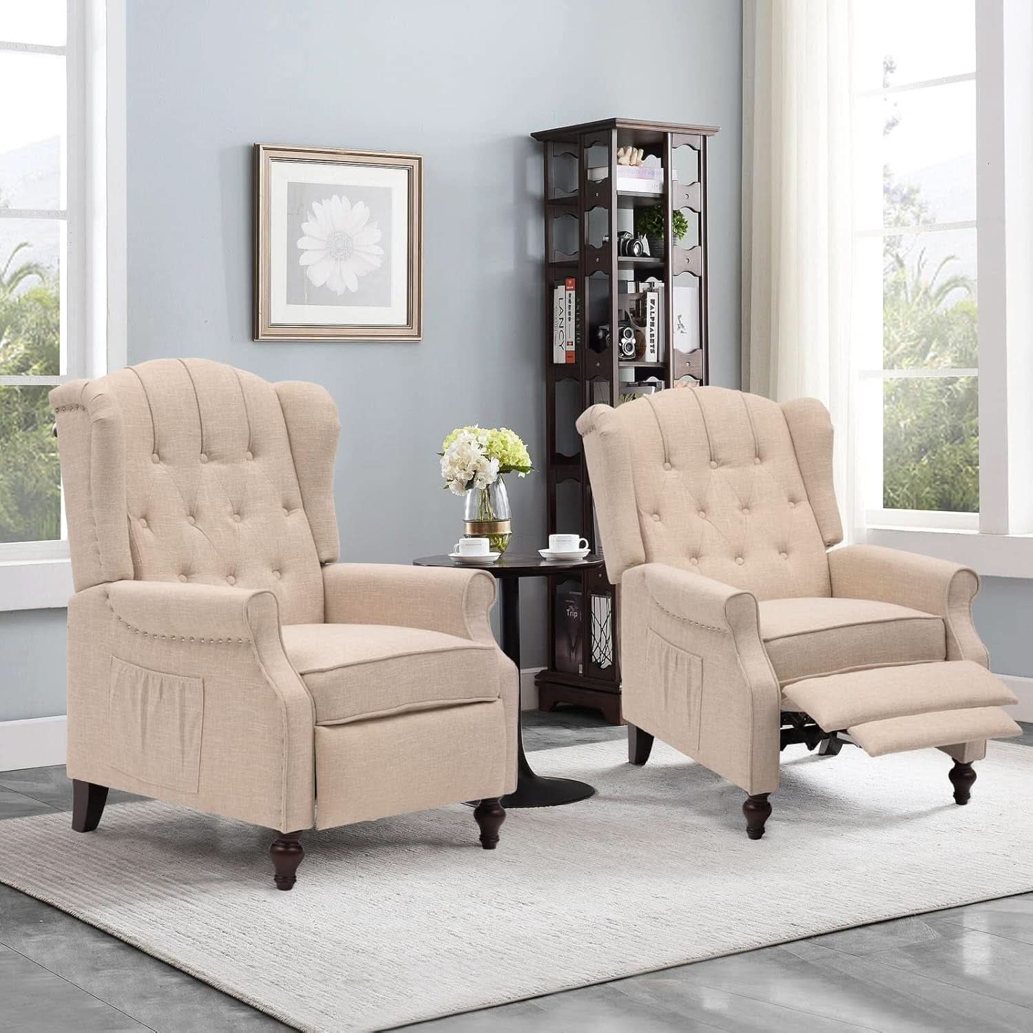 Beige Wingback Pushback Recliner With Massage Heat
