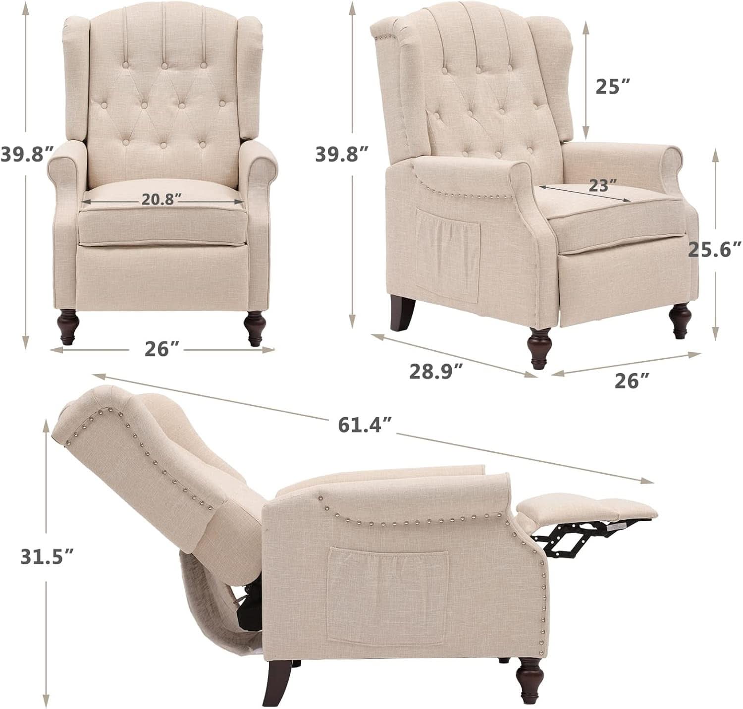 Beige Wingback Pushback Recliner With Massage Heat