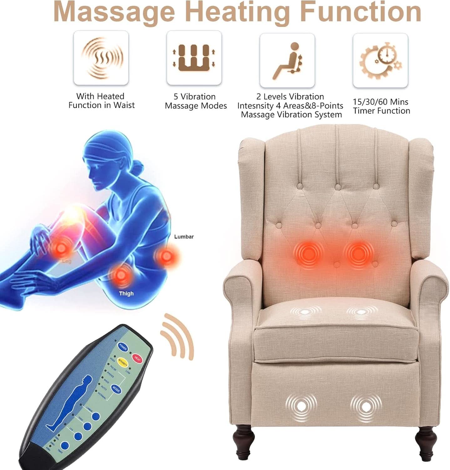 Beige Wingback Pushback Recliner With Massage Heat
