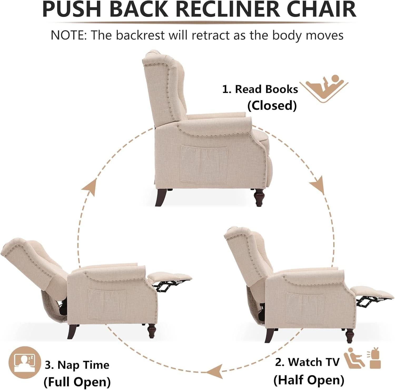 Beige Wingback Pushback Recliner With Massage Heat