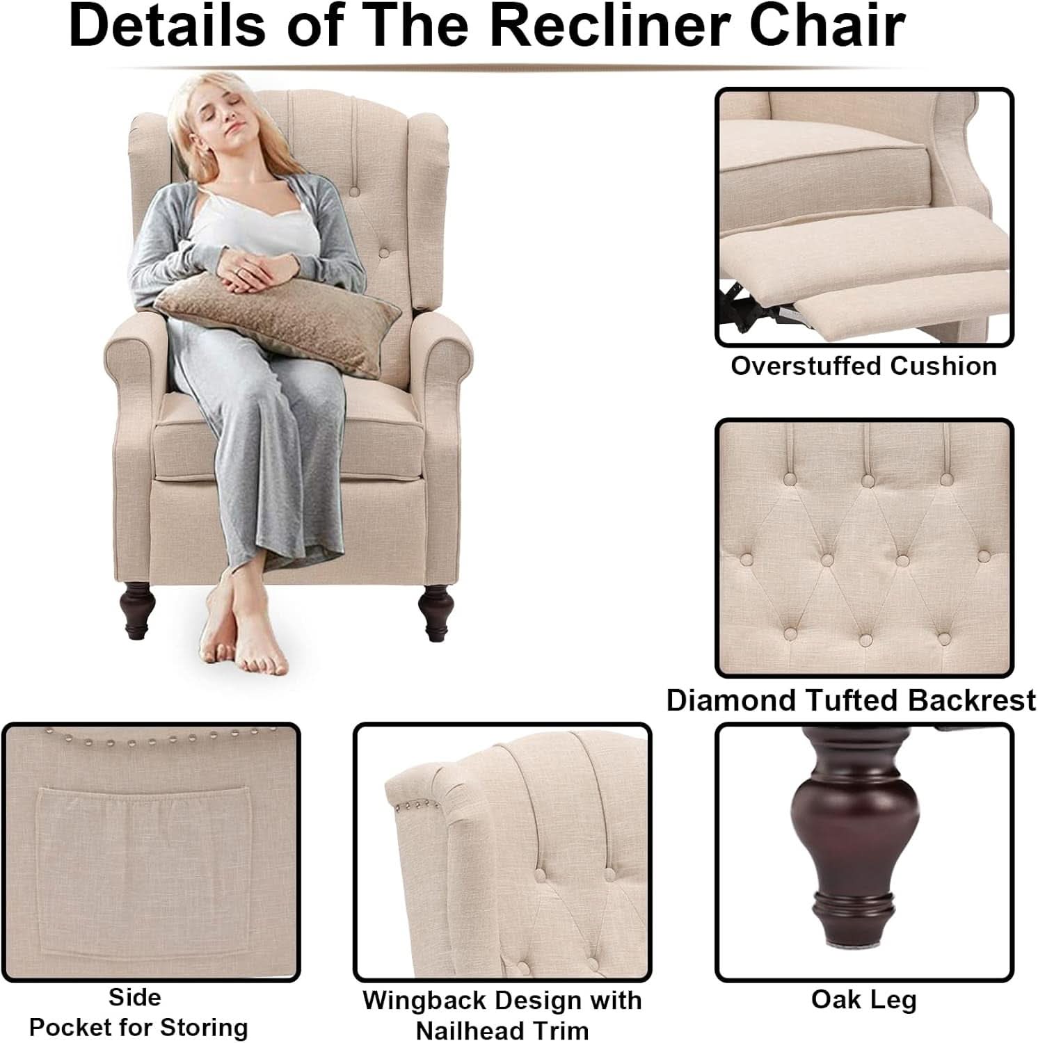 Beige Wingback Pushback Recliner With Massage Heat