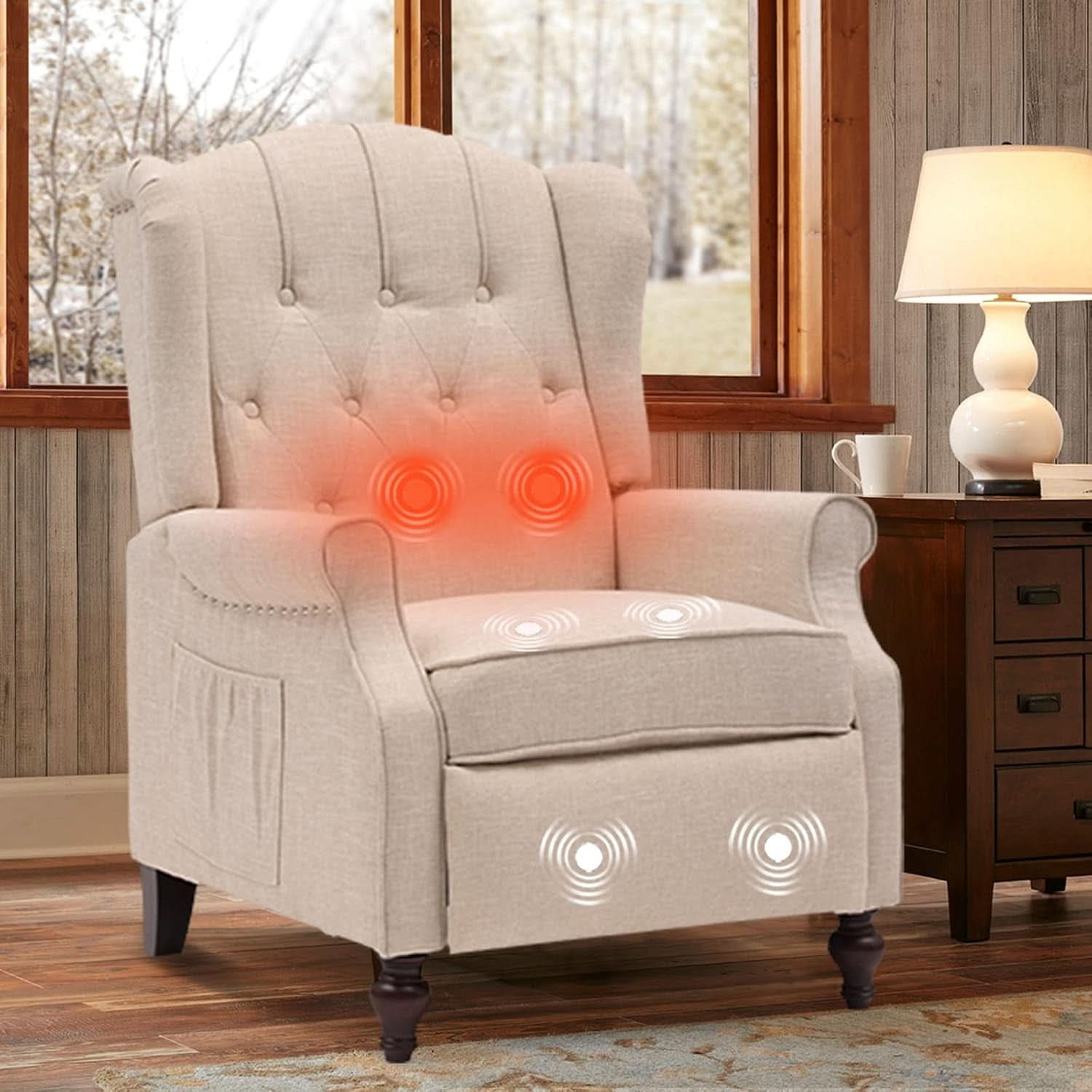 Beige Wingback Pushback Recliner With Massage Heat