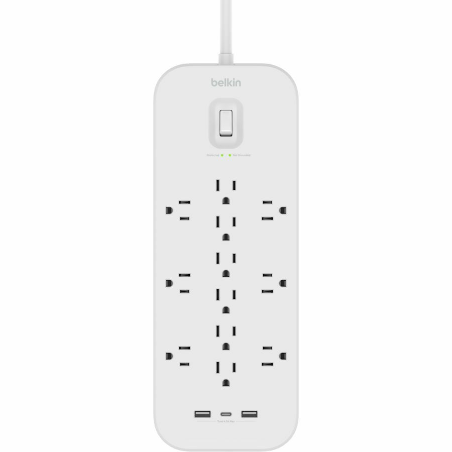 Belkin 12-Outlets Surge Suppressor/Protector - 2 x USB Type A, 1 x USB Type C, 12 x NEMA