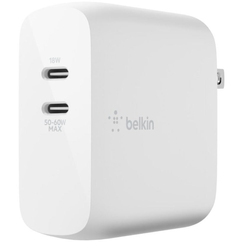 Belkin BoostCharge Dual USB-C GaN Wall Charger 68W and USB-C Cable Laptop Chromebook Charging - Power Adapter WCH003DQ2MWH-B6